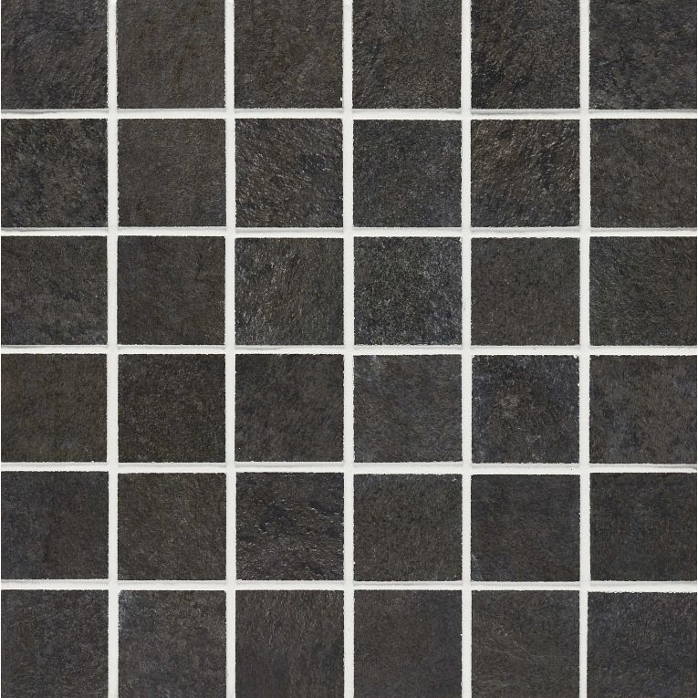 A black tile floor with white grout.