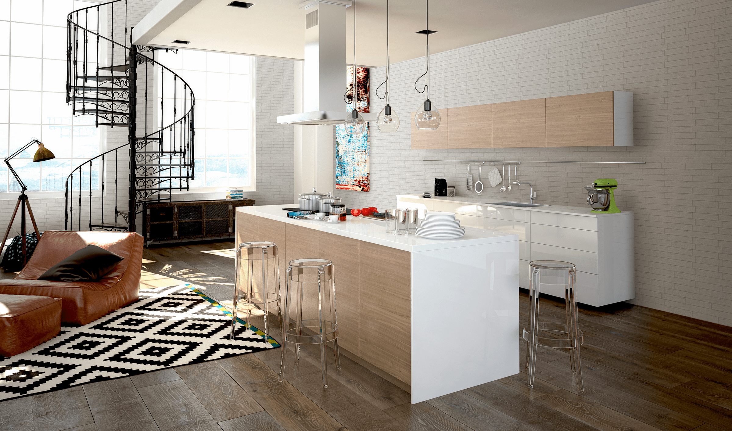 A kitchen with a white island and wooden floors.