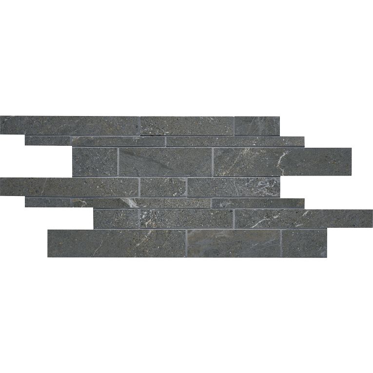 A black stone wall with a strip of white and gray marble.