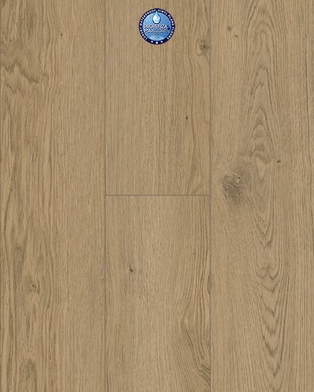 A wood floor with a blue and white clock on it.