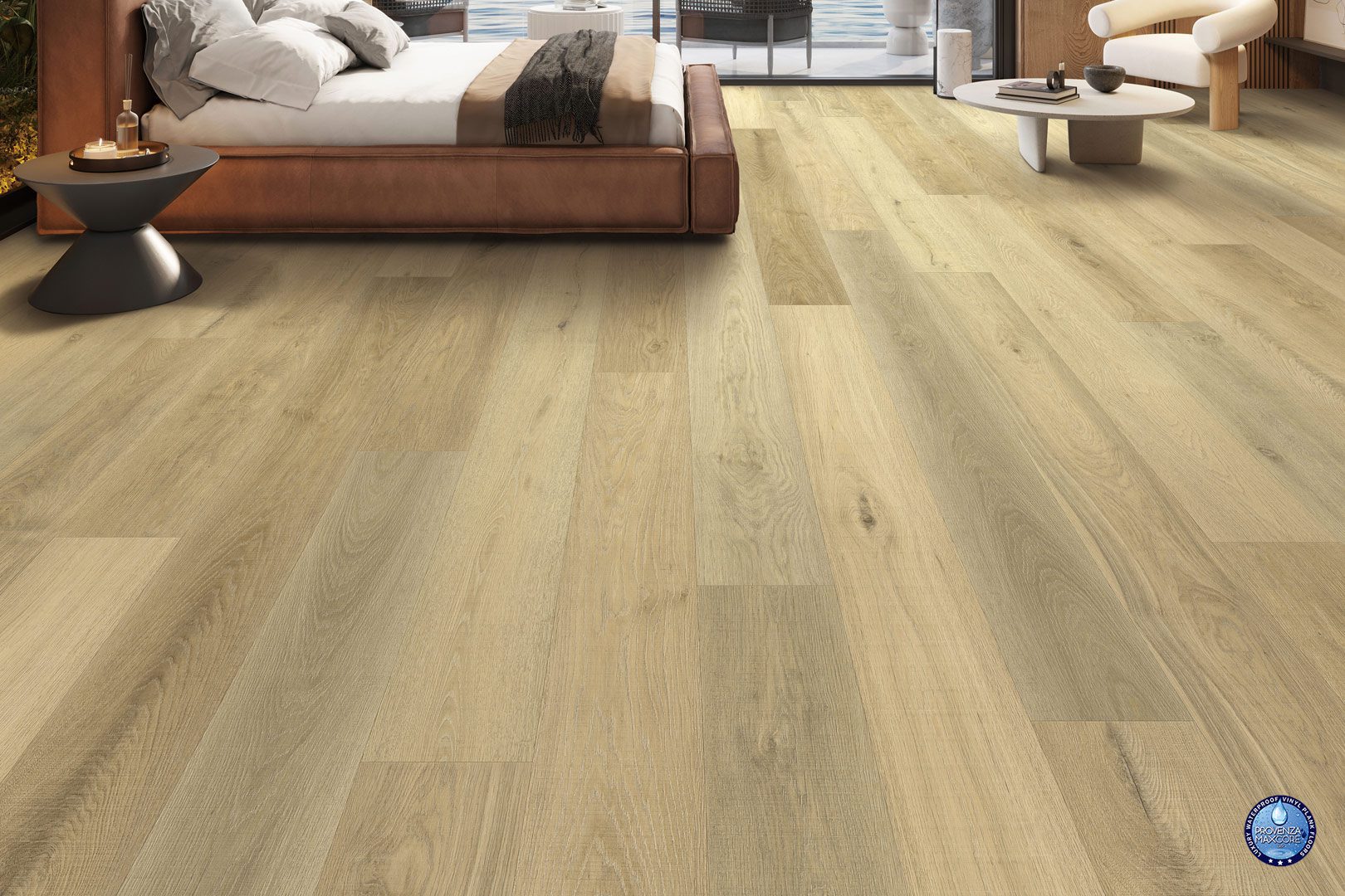 A bedroom with hard wood floors and a bed.