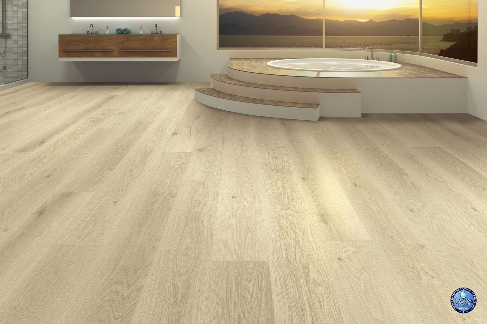 A room with a tub and stairs in it