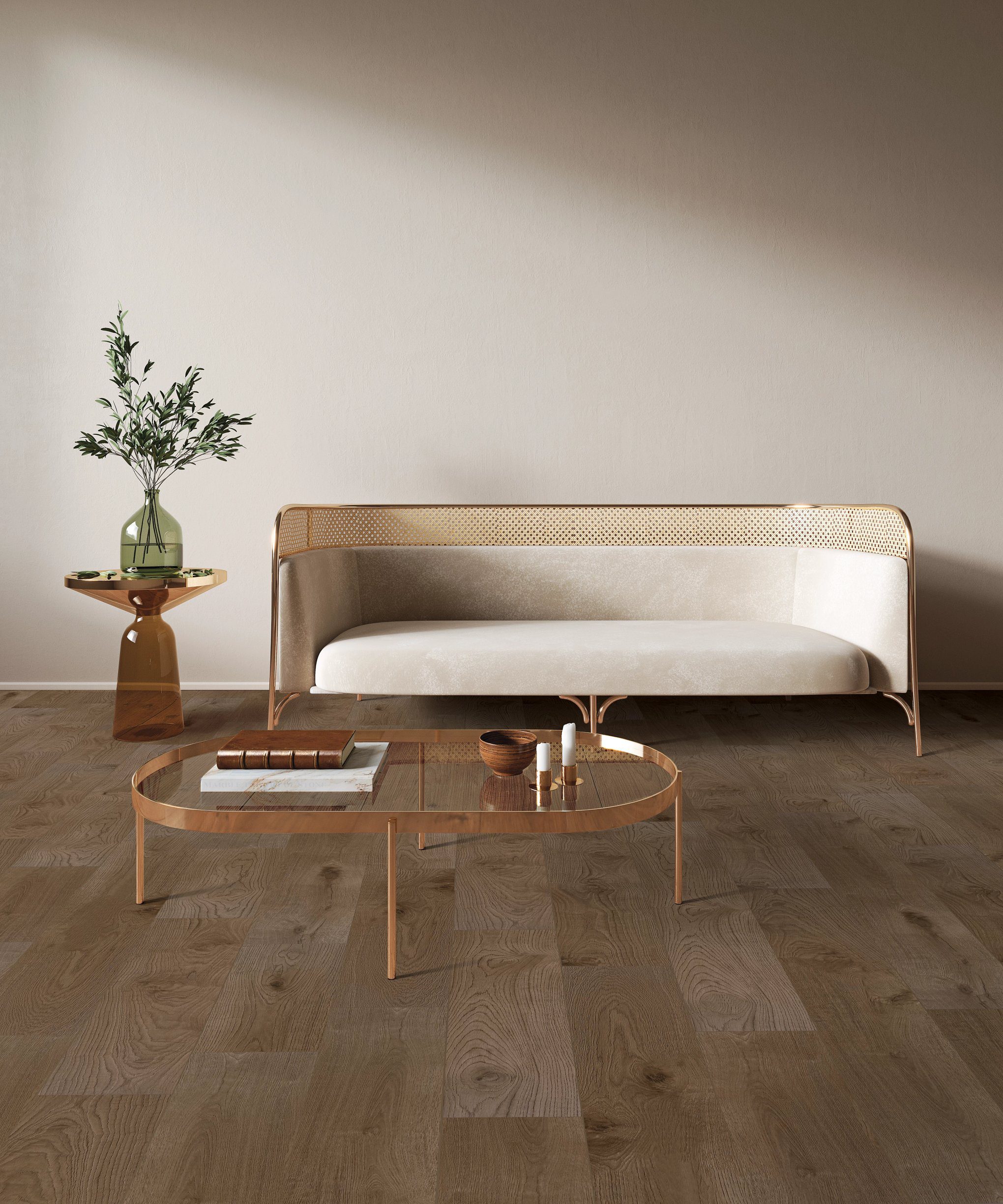 A living room with a couch and coffee table