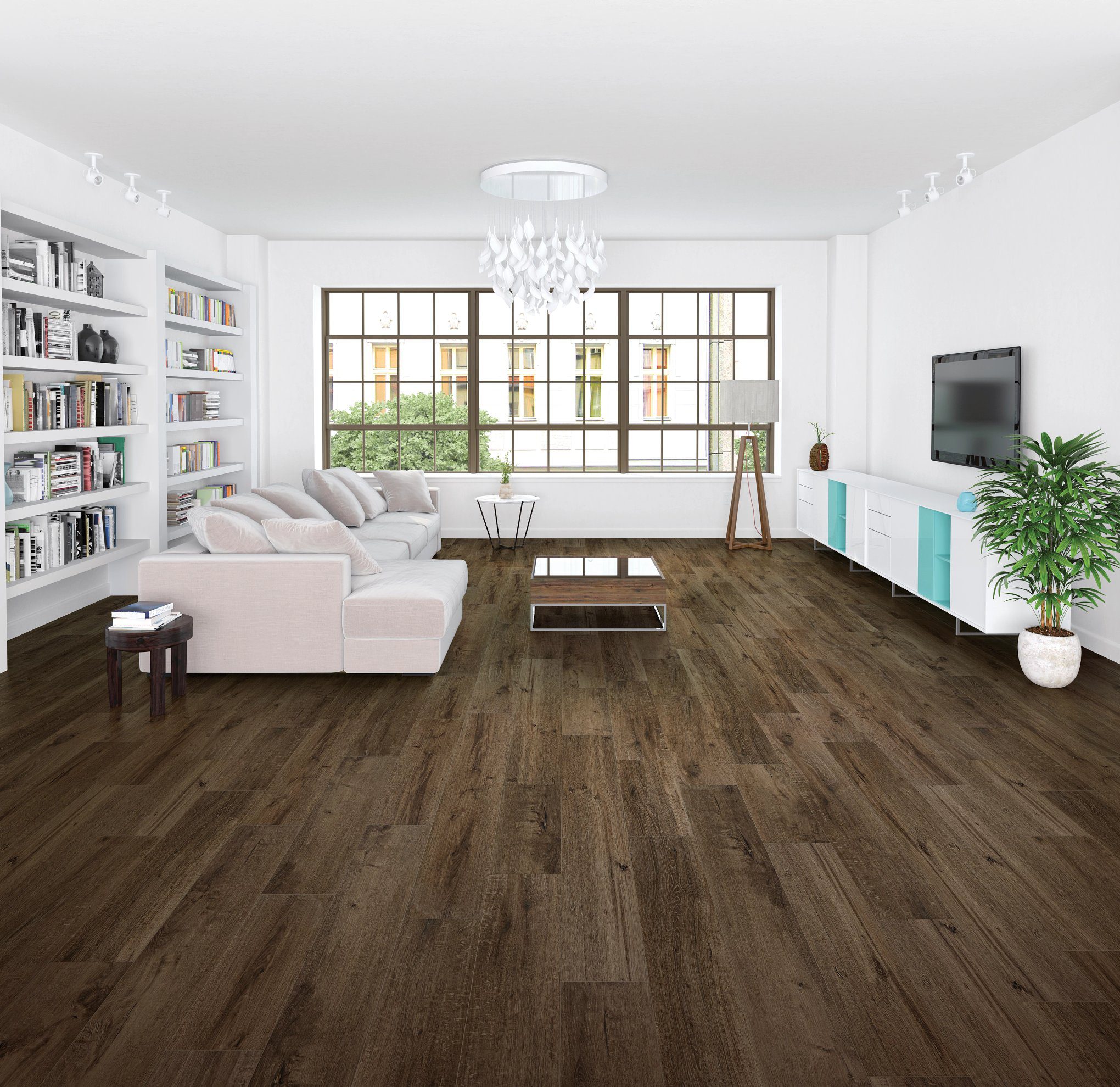 A living room with wooden floors and white walls.