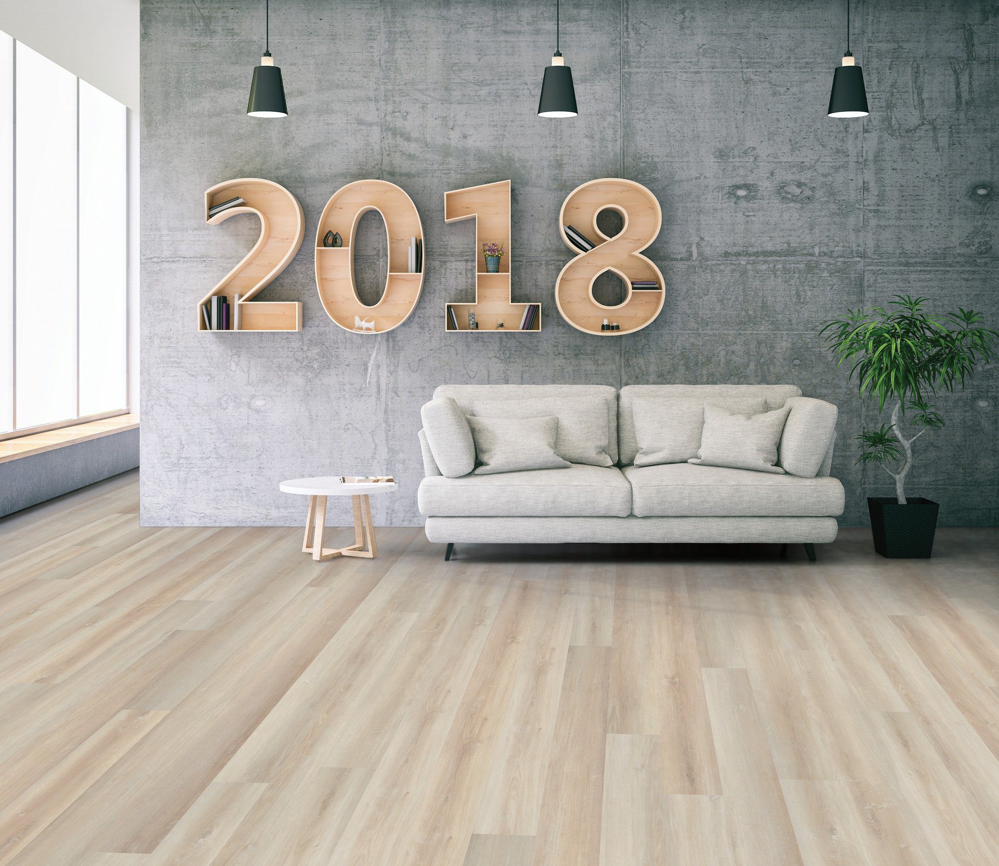 A room with a couch and some lights