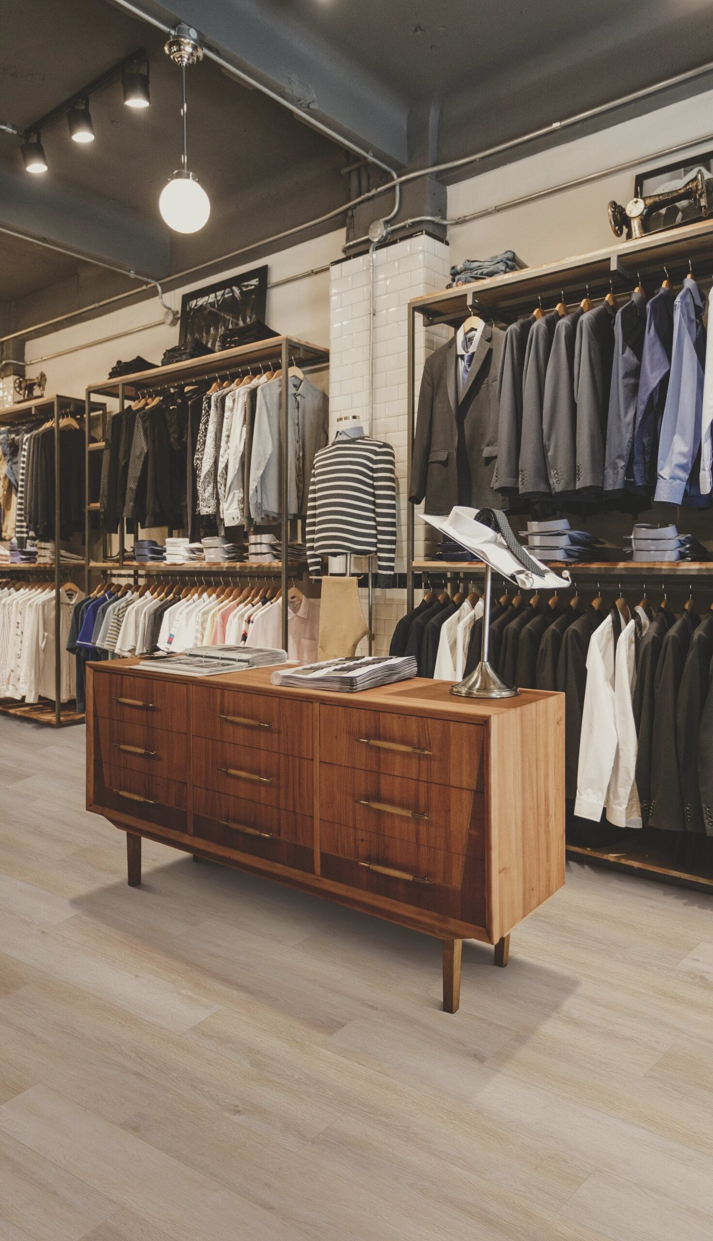 A dresser in front of a wall filled with clothes.