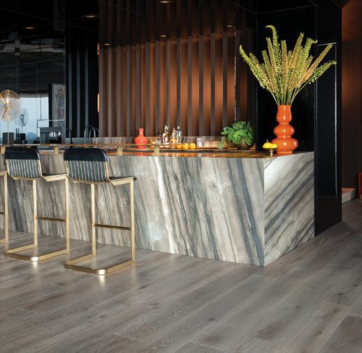 A bar with chairs and a plant on the counter