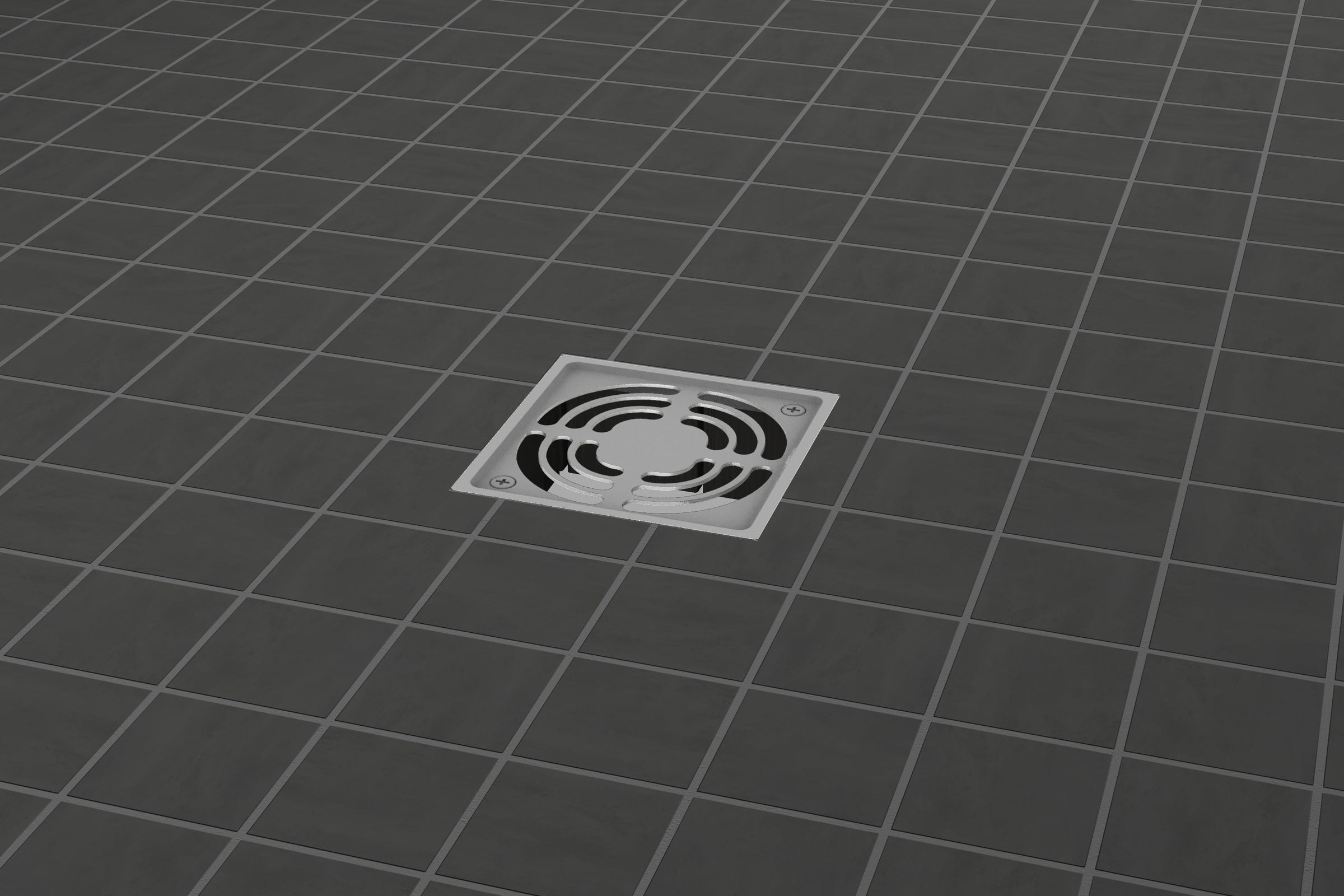 A floor drain with a square design on it.
