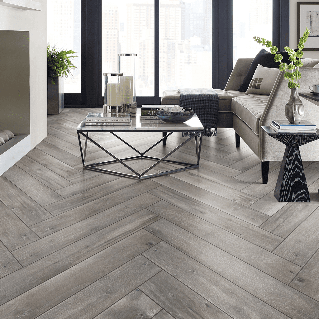 A living room with a couch and table