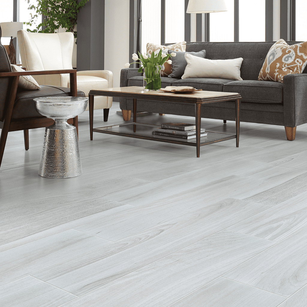 A living room with white walls and floors