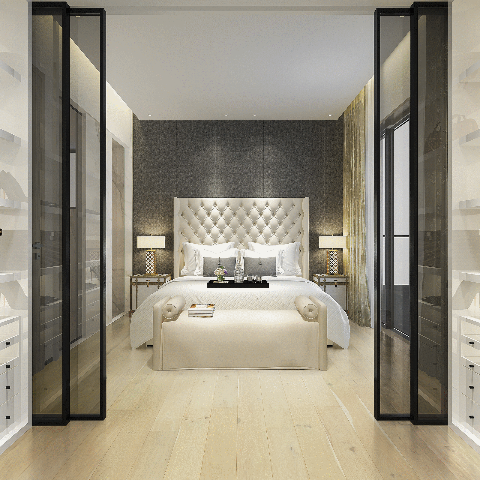 A bedroom with a bed and two nightstands.