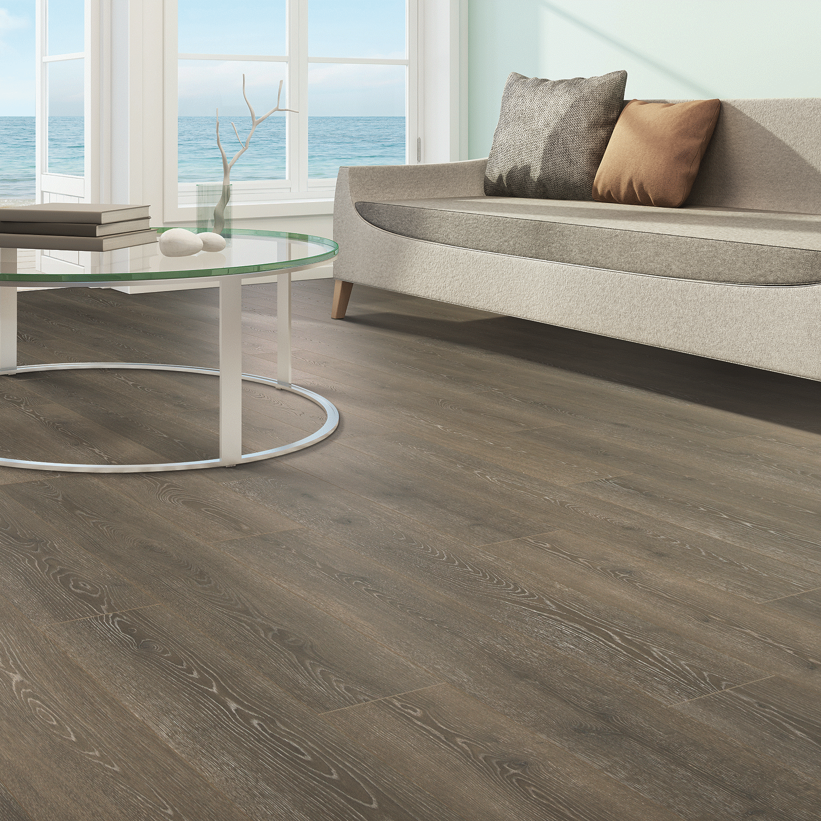 A living room with a couch and table