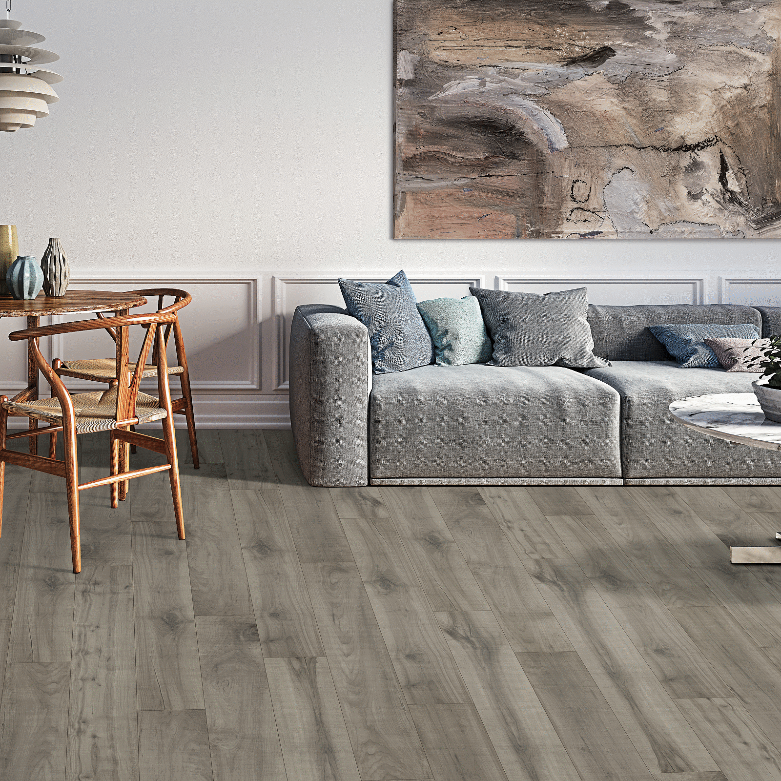 A living room with a couch and table