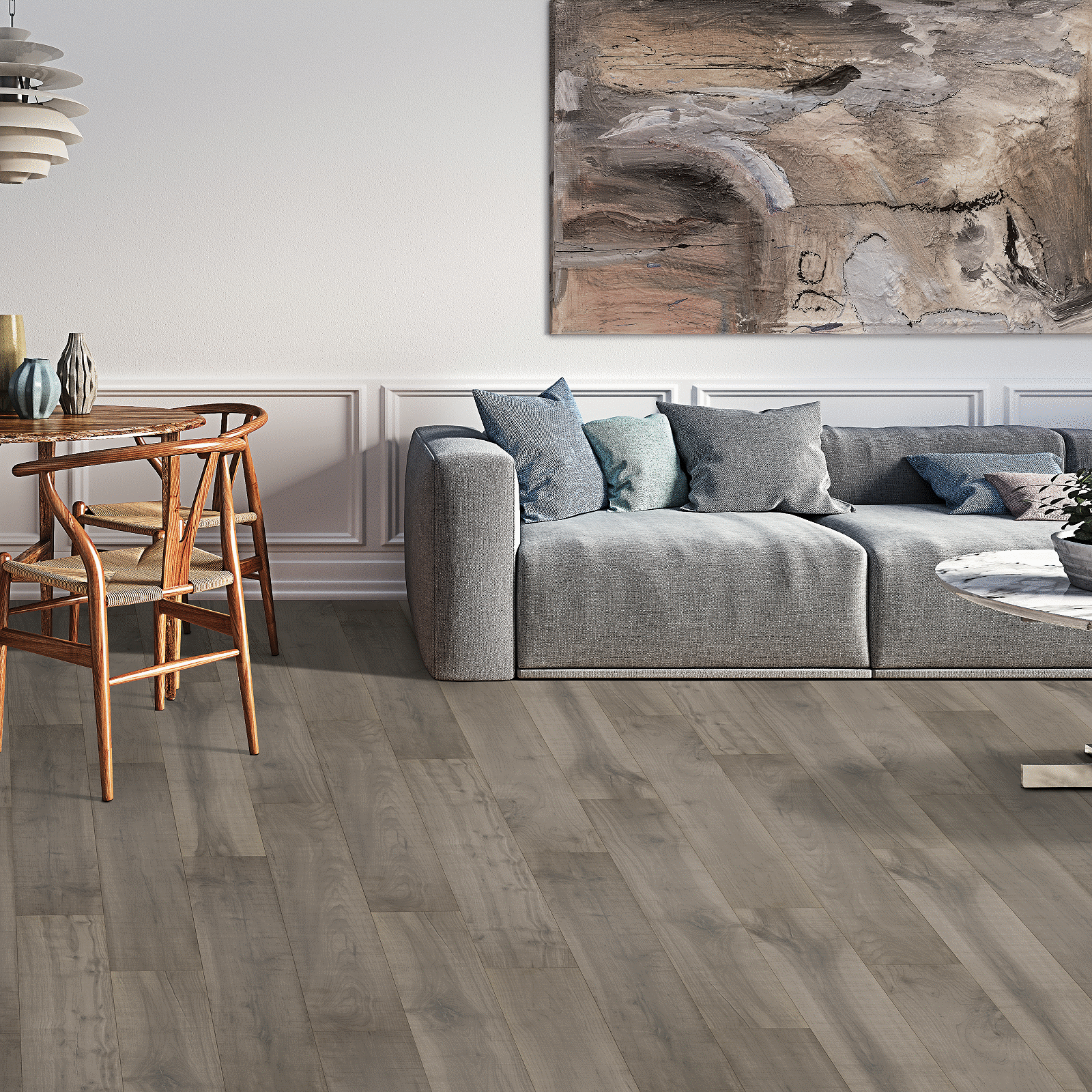 A living room with a couch, chair and table.