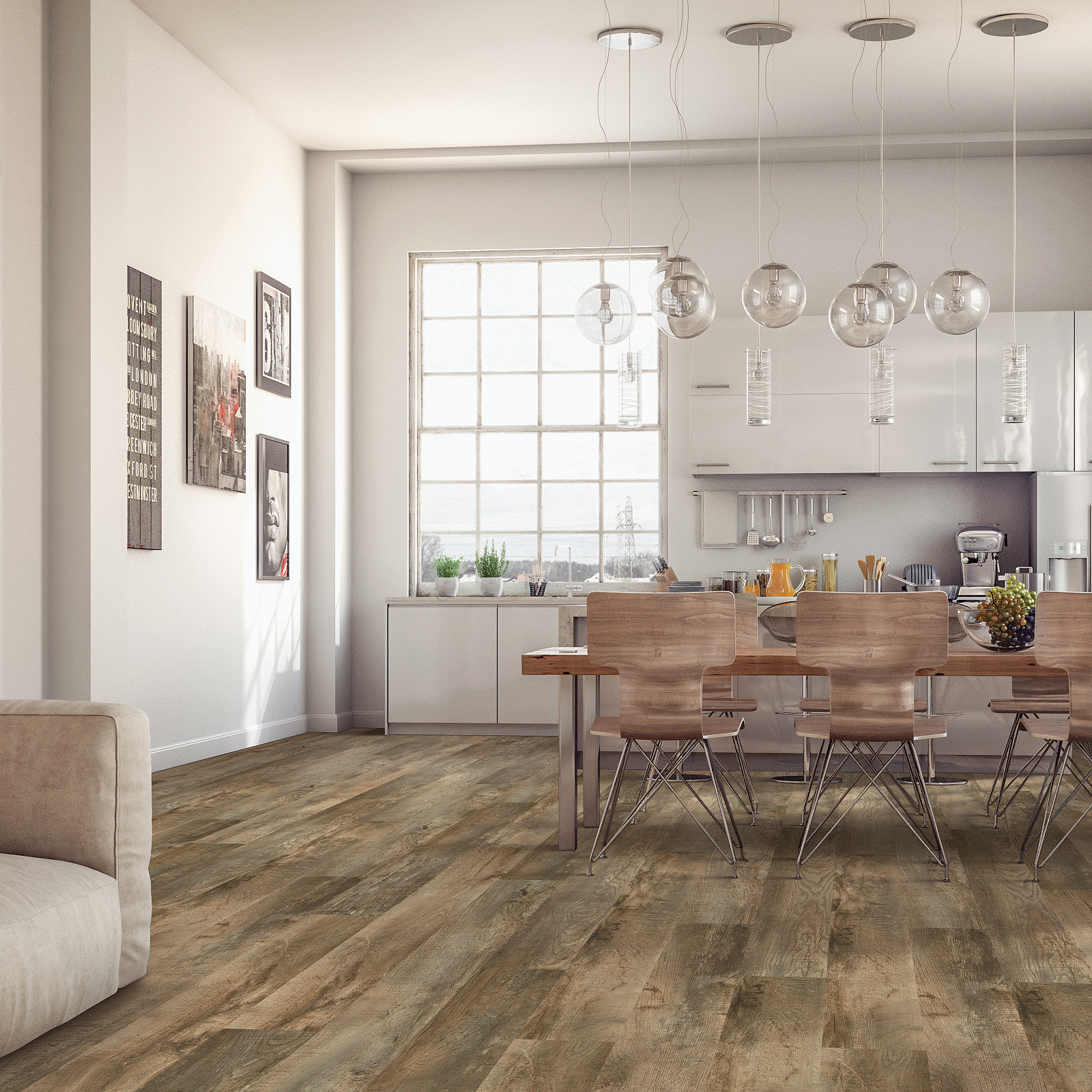 A dining room with a table and chairs, and a kitchen.