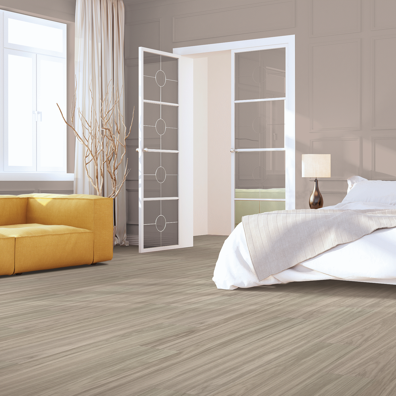 A bedroom with a couch and bed in it