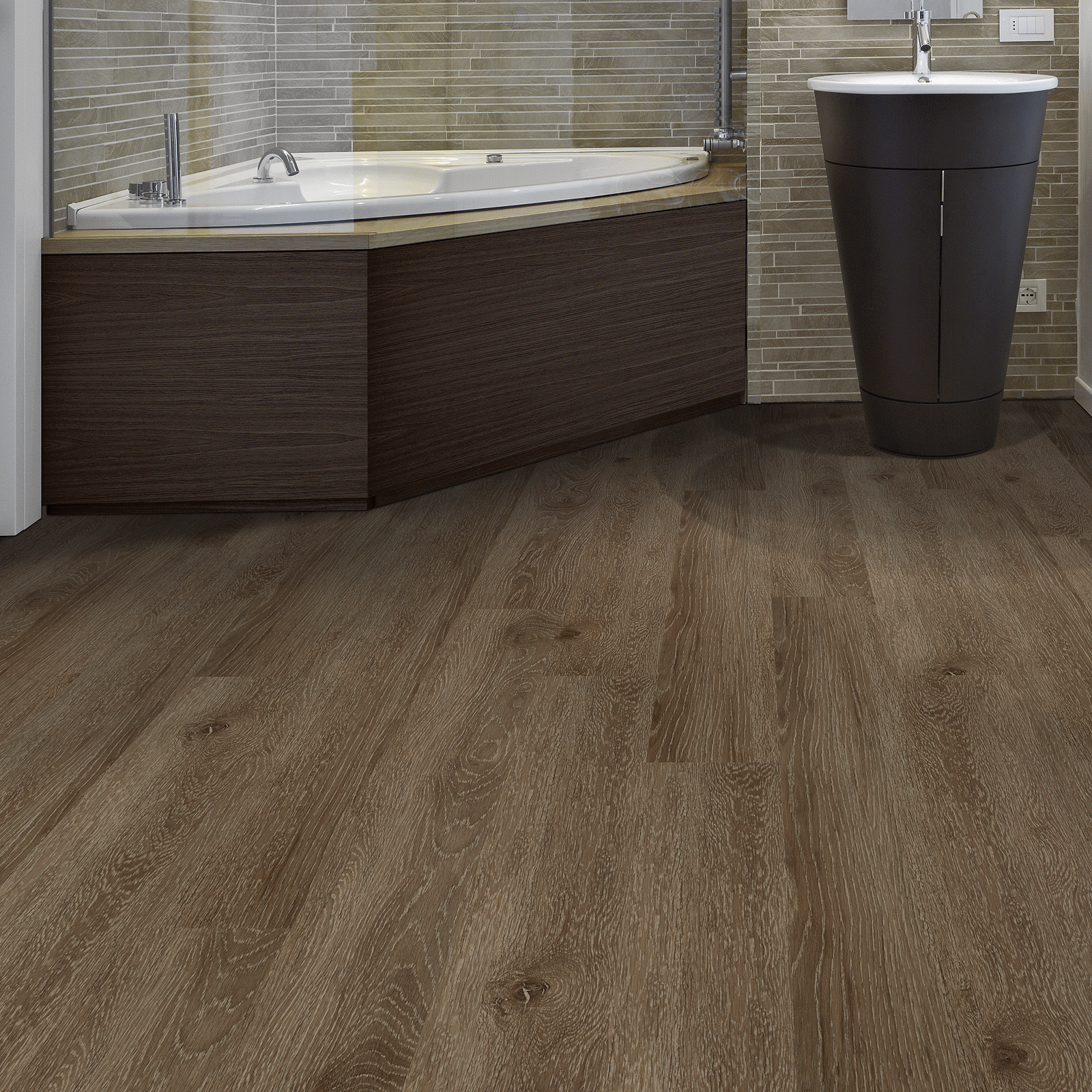 A bathroom with wood floors and a tub.
