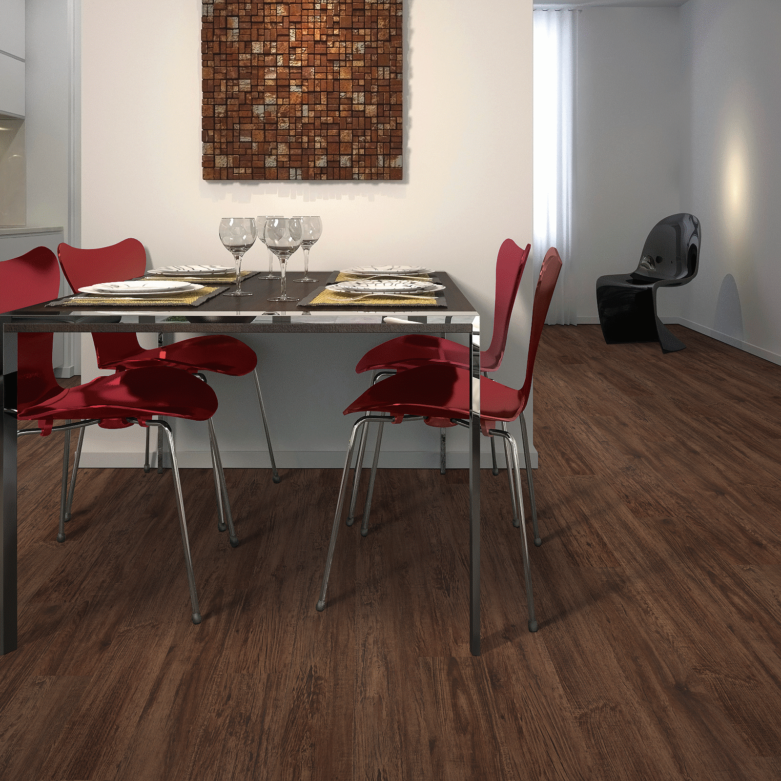A dining room with red chairs and a table.