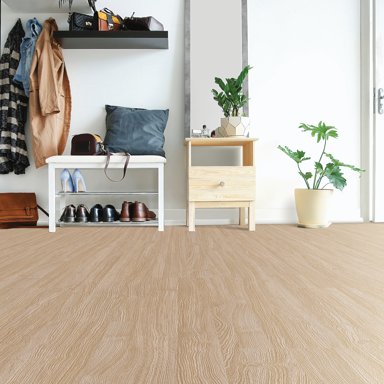 A room with a plant and a bench