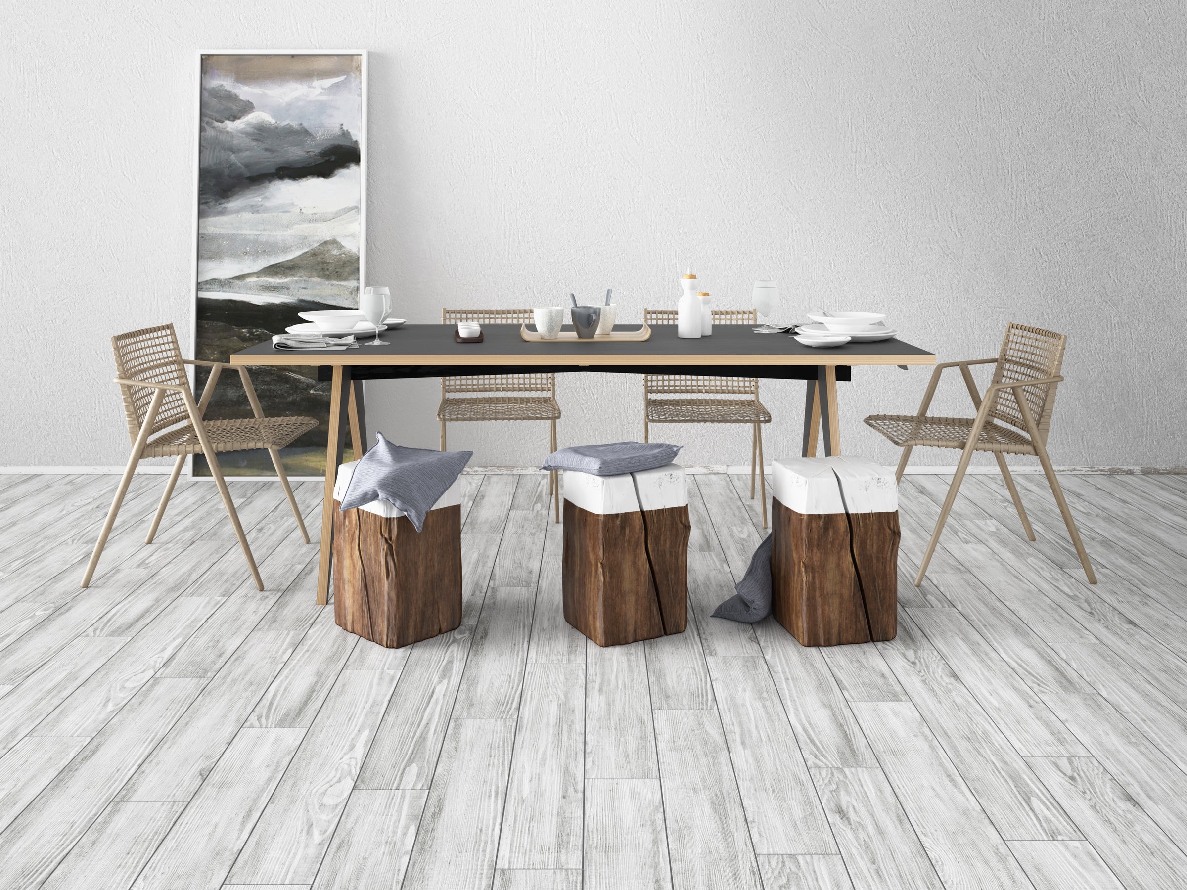 A dining room table with chairs and a painting on the wall.