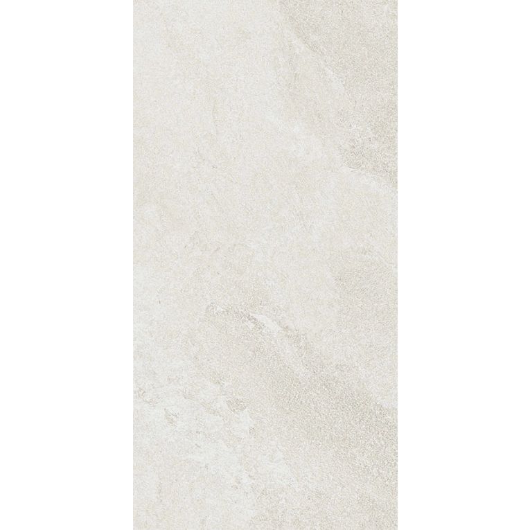 A white tile floor with some type of stone