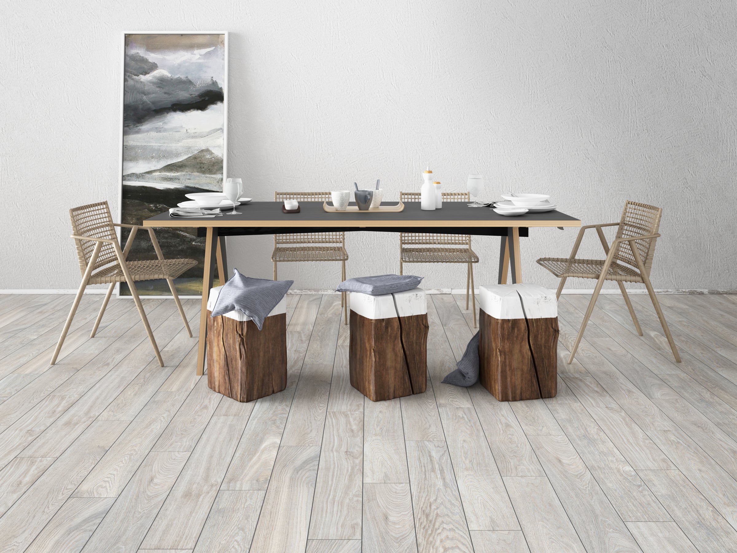 A dining room table with chairs and a painting