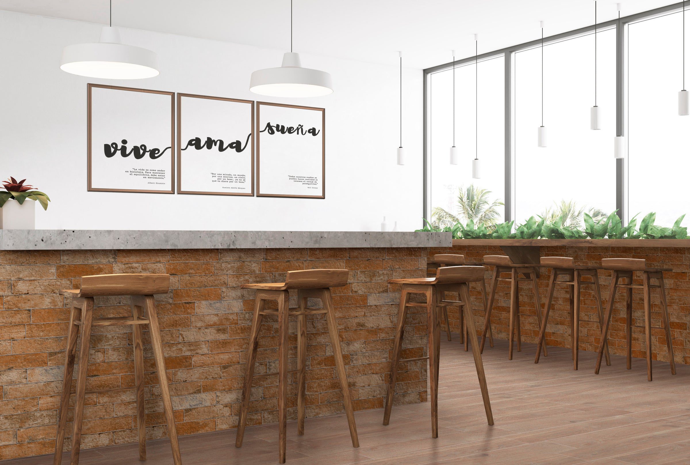 A bar with three stools and two windows.