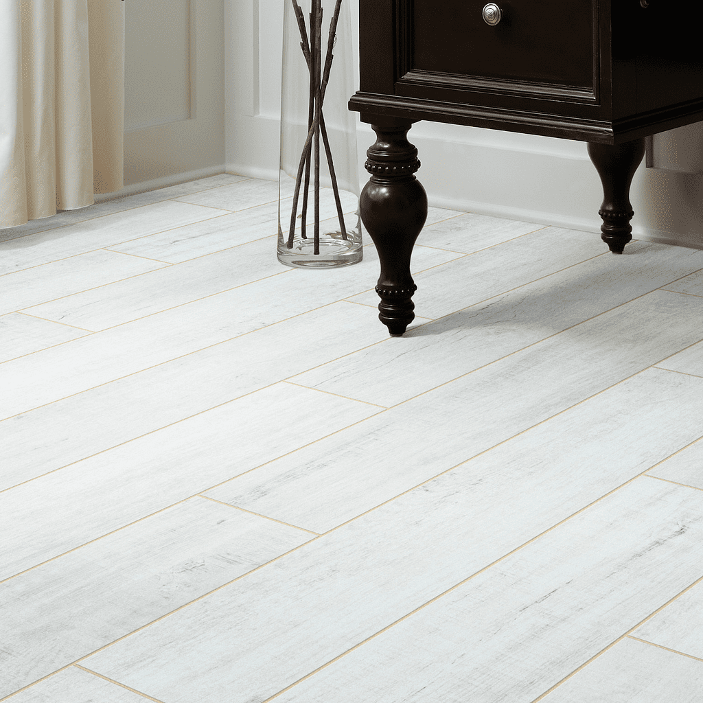 A white tile floor with black furniture and curtains.