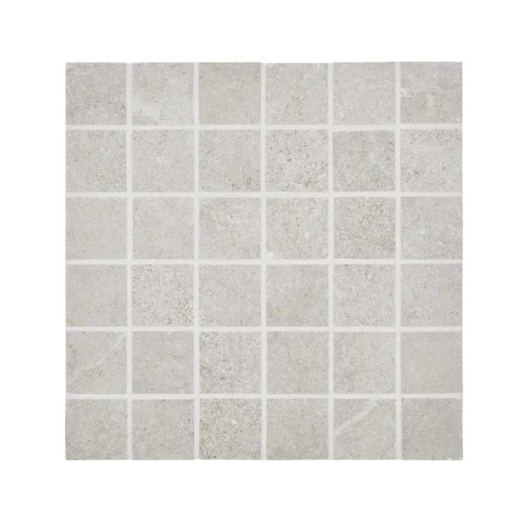 A white tile floor with black border