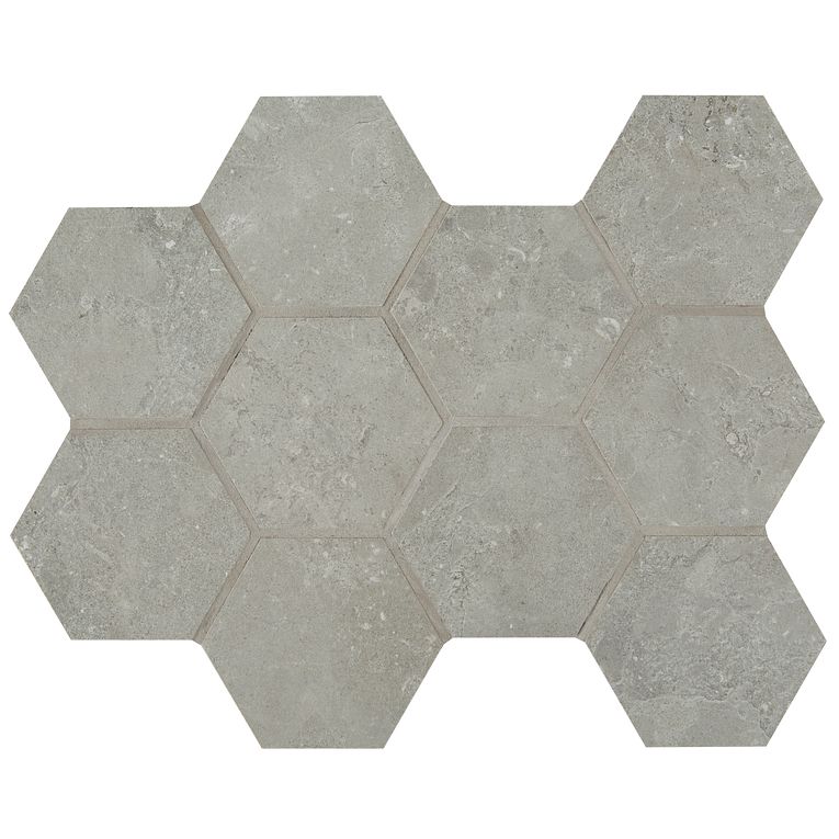A gray hexagonal tile floor with no other than the same color.