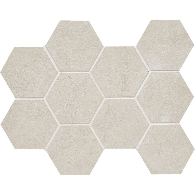 A white hexagonal tile floor with no grout.