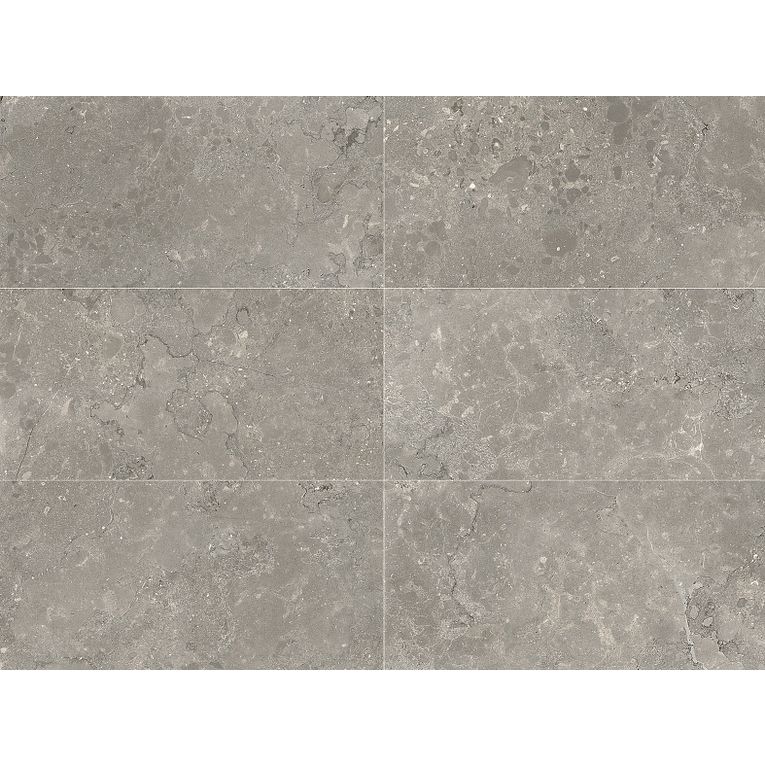 A gray tile floor with some white spots on it