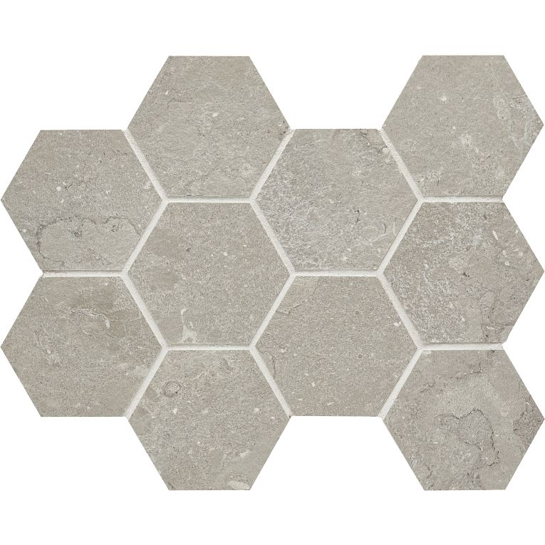 A gray hexagonal tile floor with white grout.