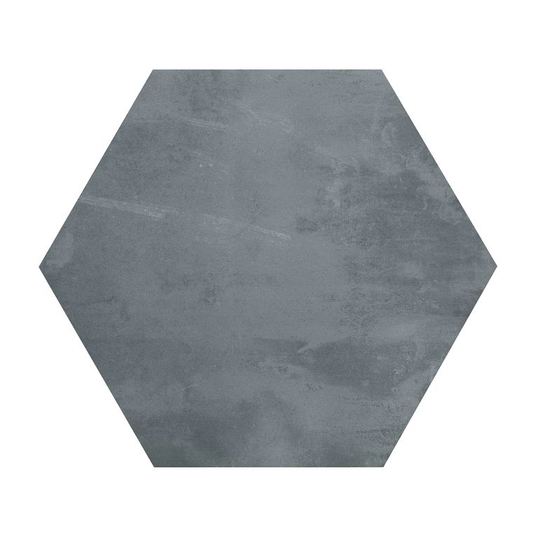 A gray hexagonal tile floor with no grout.