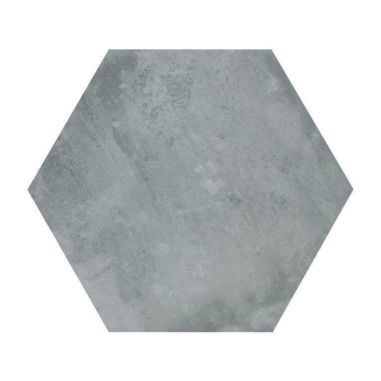 A gray hexagonal tile floor with no grout.