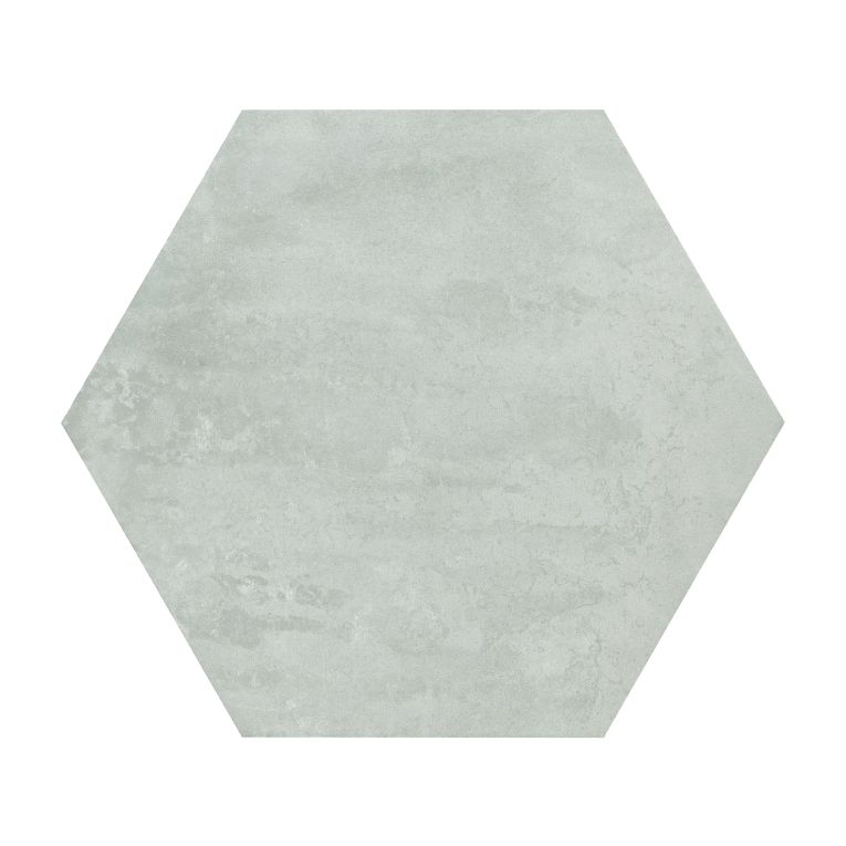 A light gray hexagonal tile floor with no grout.