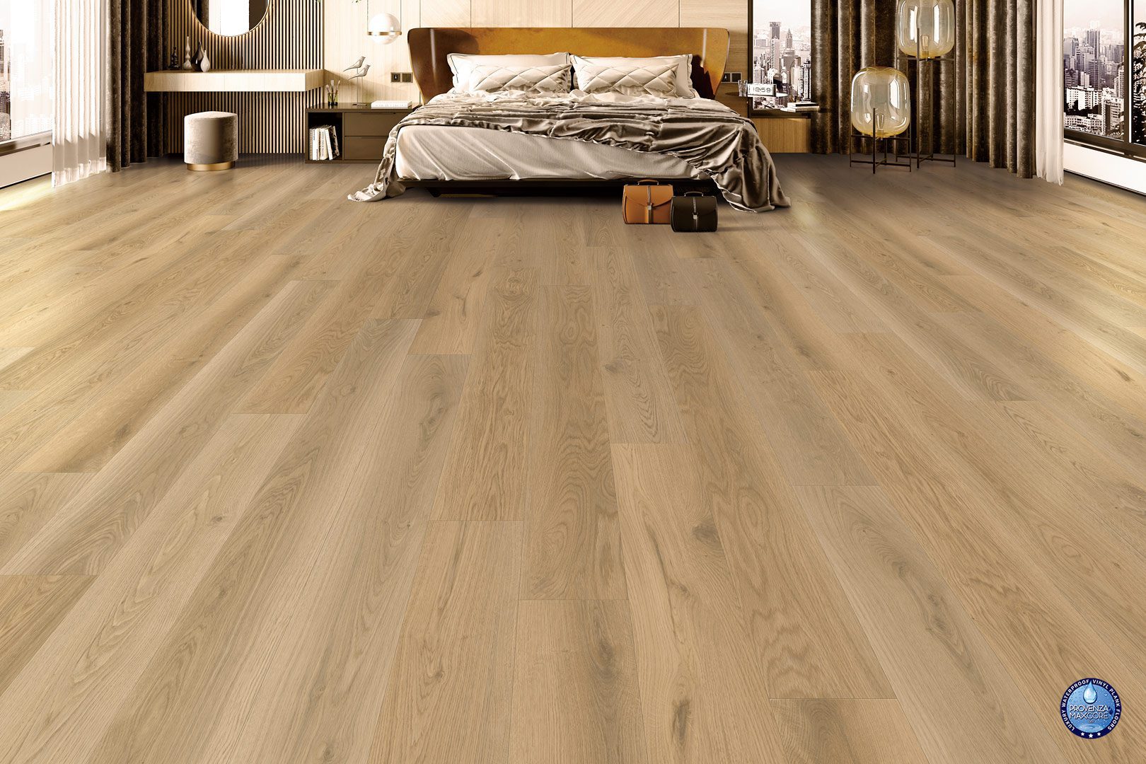 A bedroom with a bed and a large wooden floor