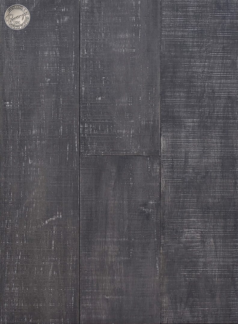 A black wood floor with some white lines