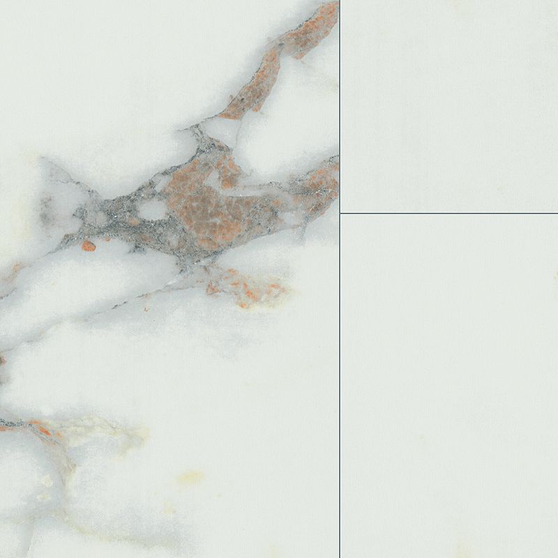 A white marble floor with brown and beige accents.