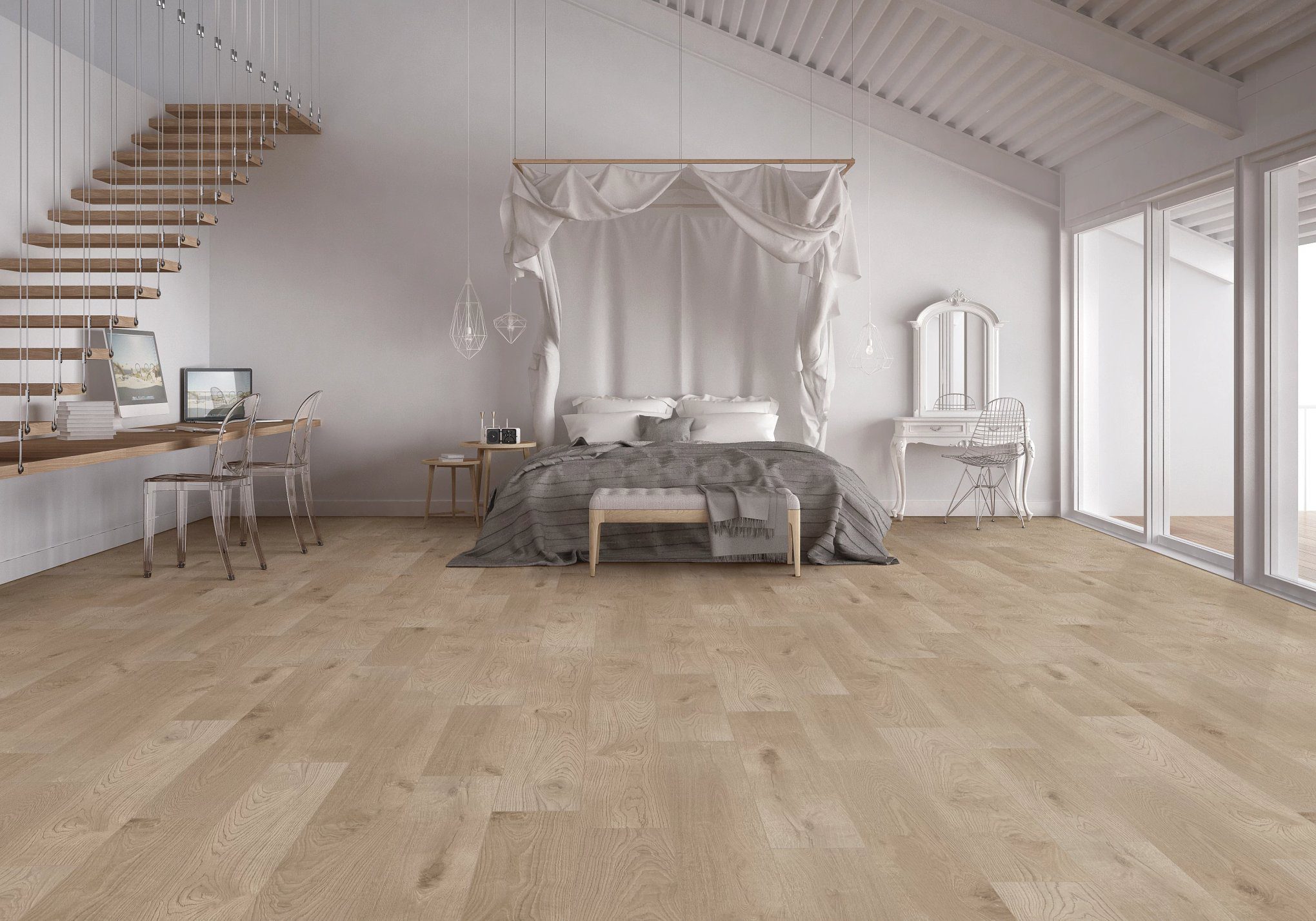 A bedroom with a bed and two chairs in it