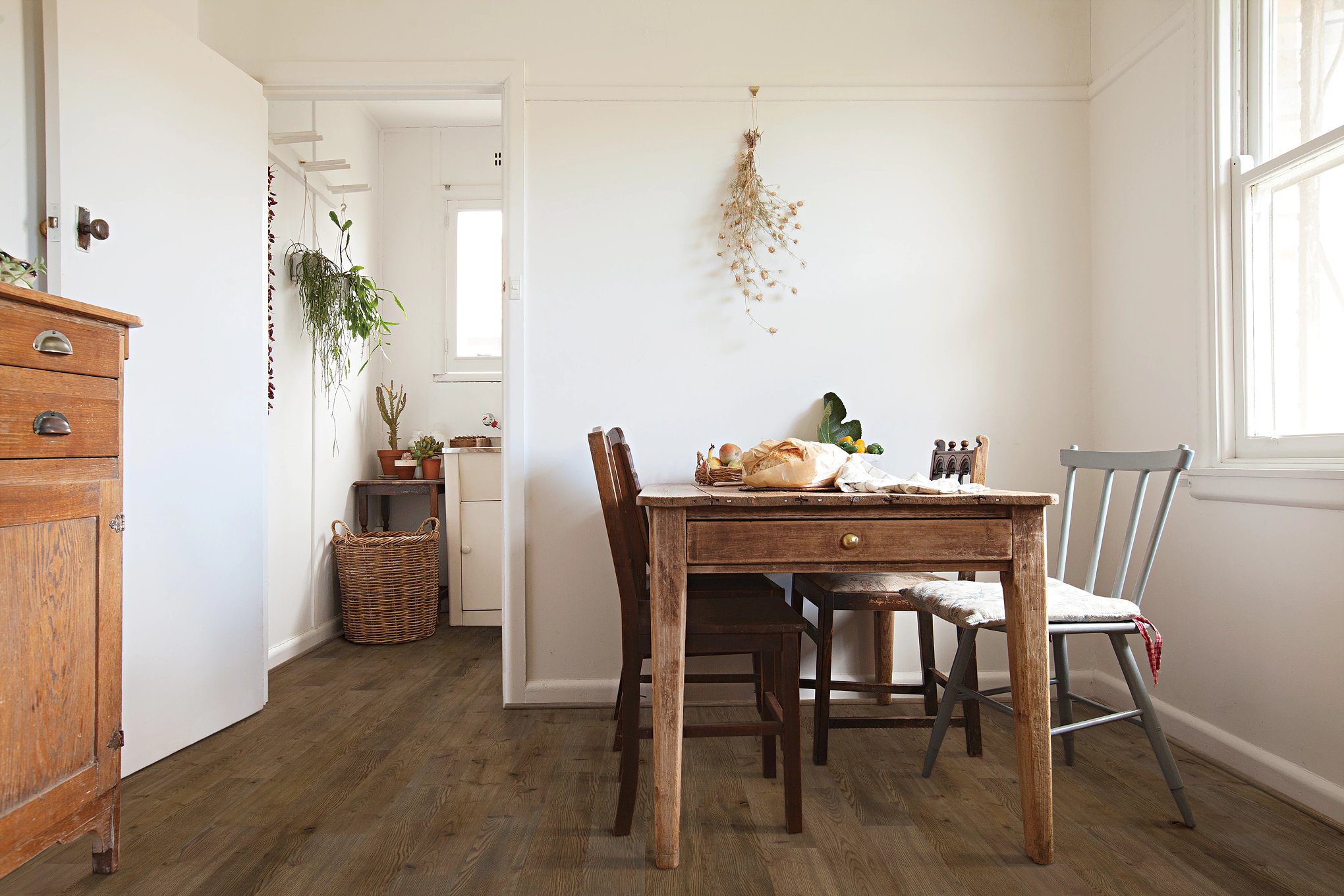 A dining room table with chairs and plants on the wall.