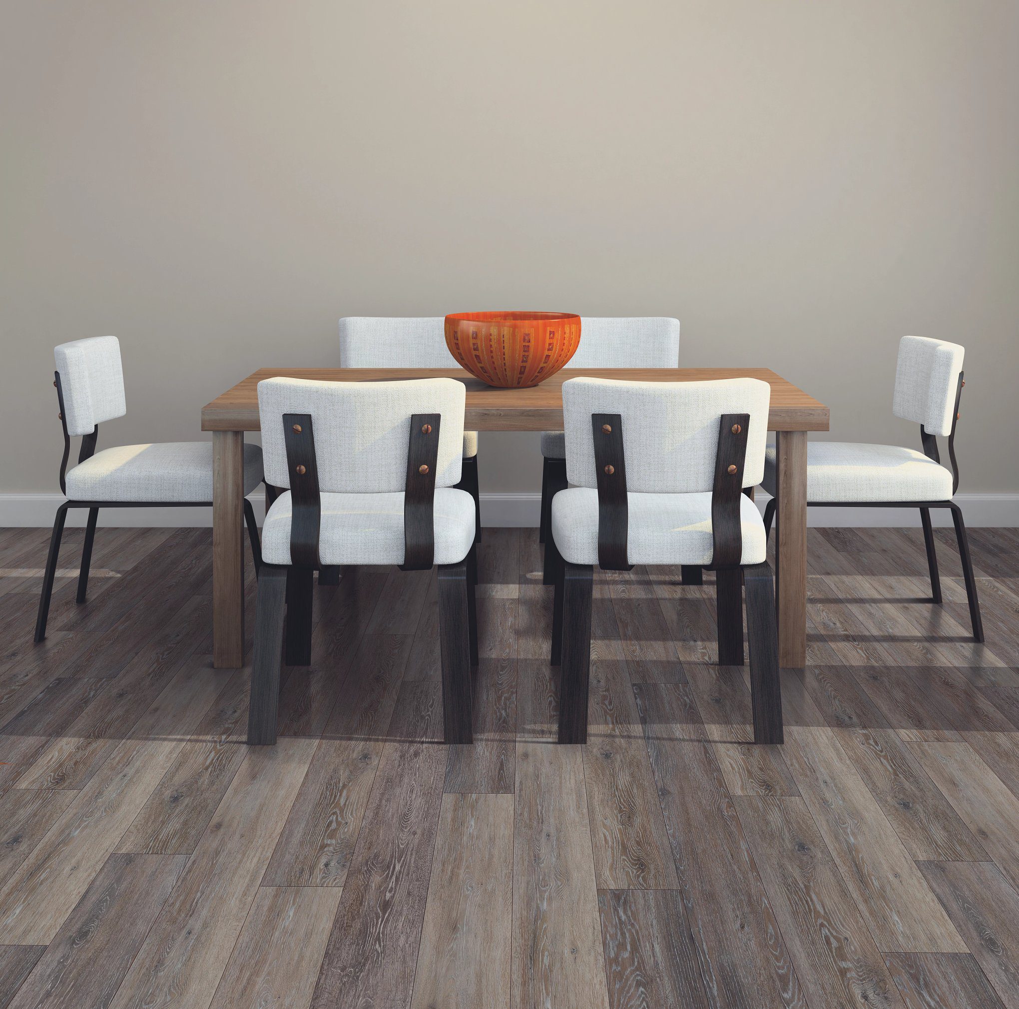 A dining room table with six chairs and an orange bowl.