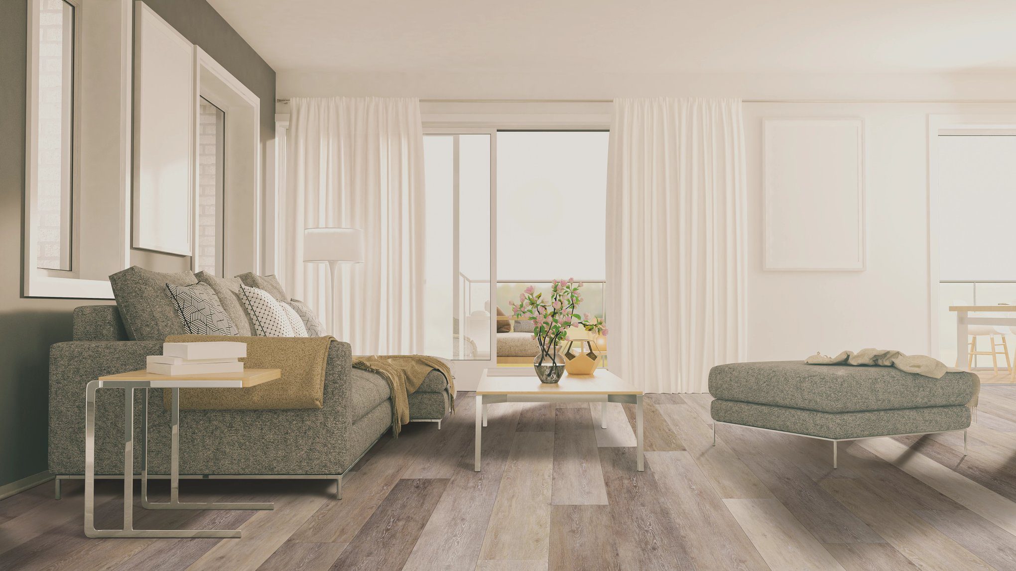 A living room with white walls and wooden floors.