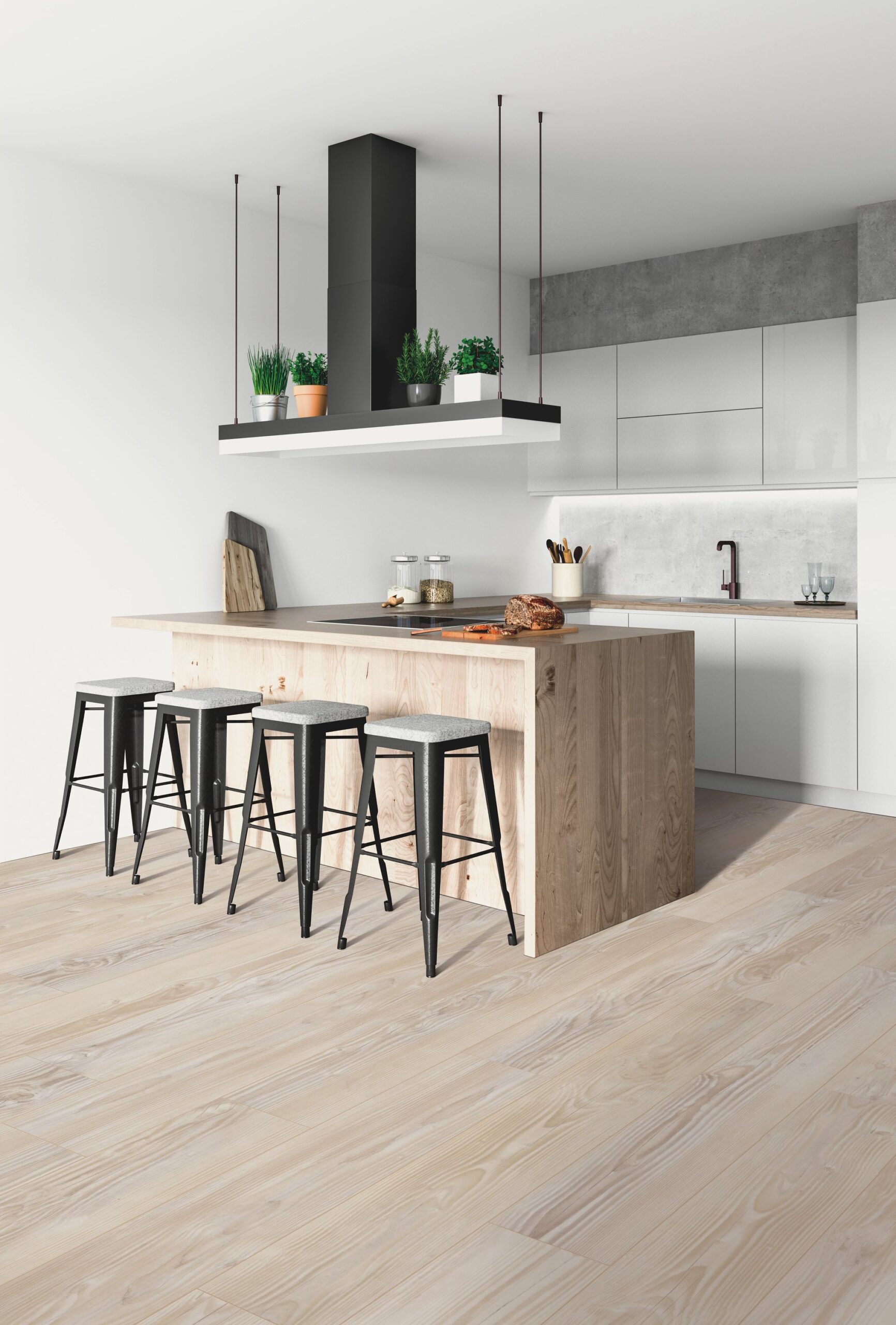 A kitchen with wooden floors and white walls.