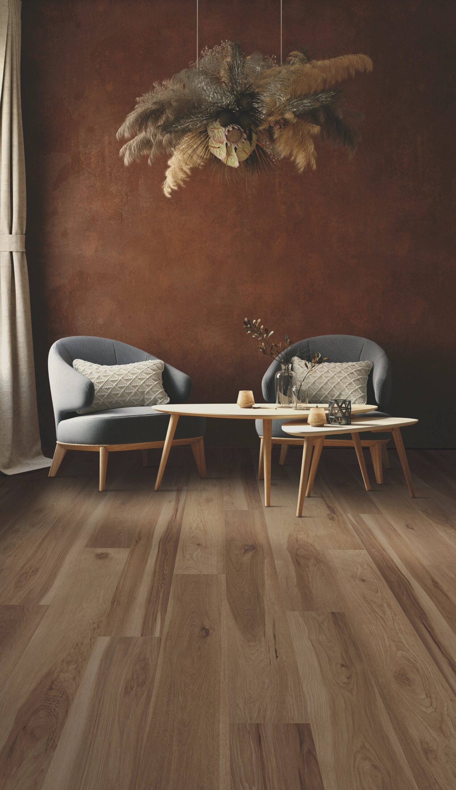 Two chairs and a table in front of a wall.