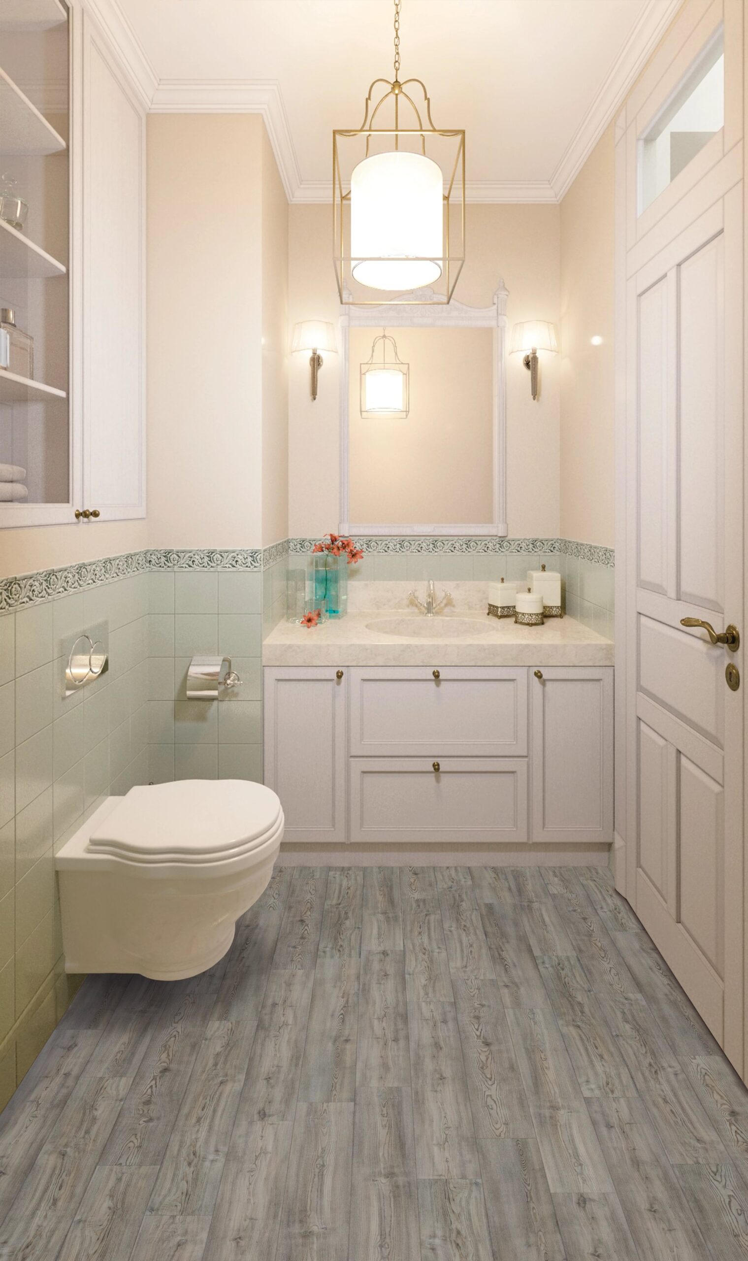 A bathroom with white cabinets and a toilet.