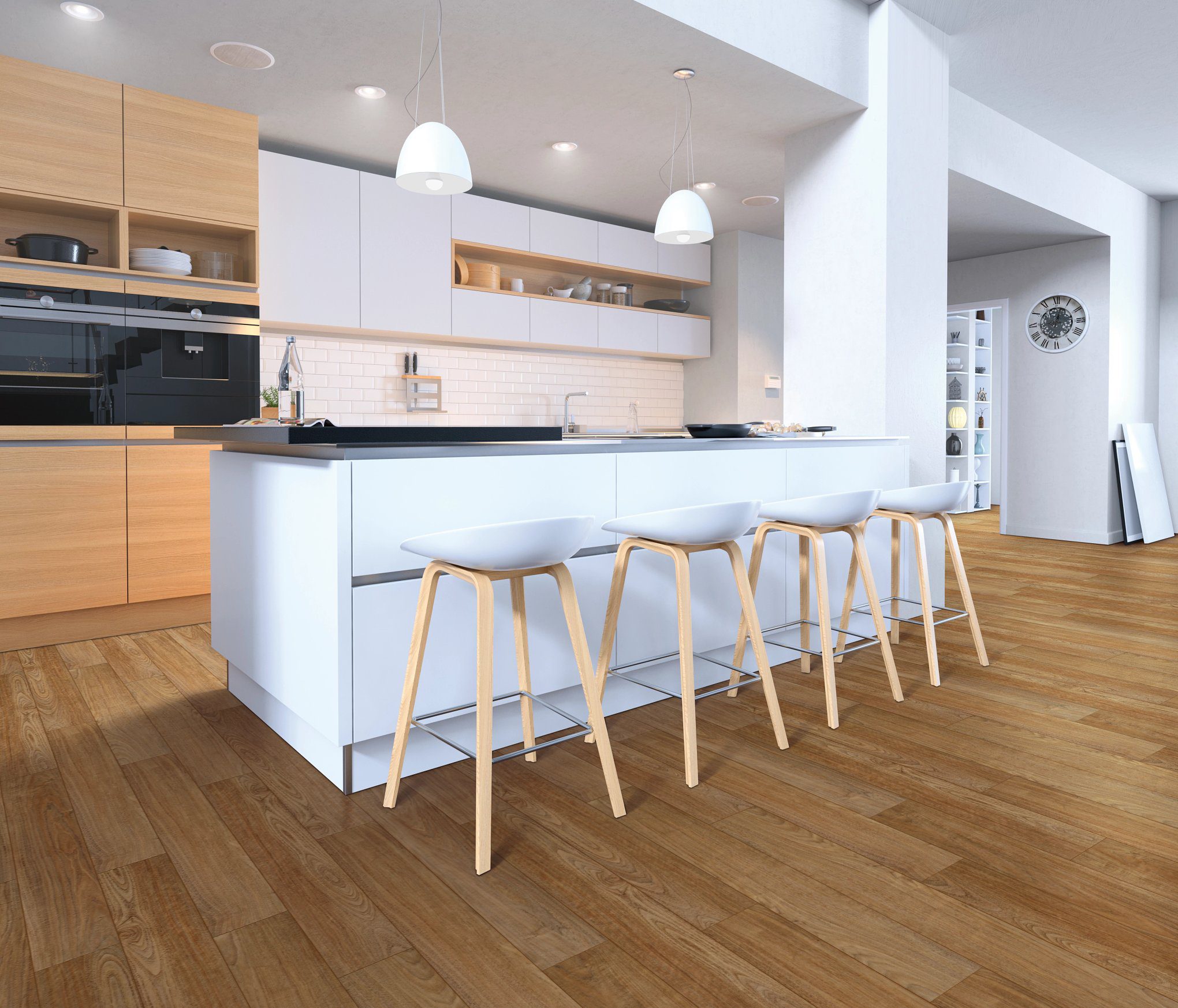 A kitchen with wooden floors and white cabinets.