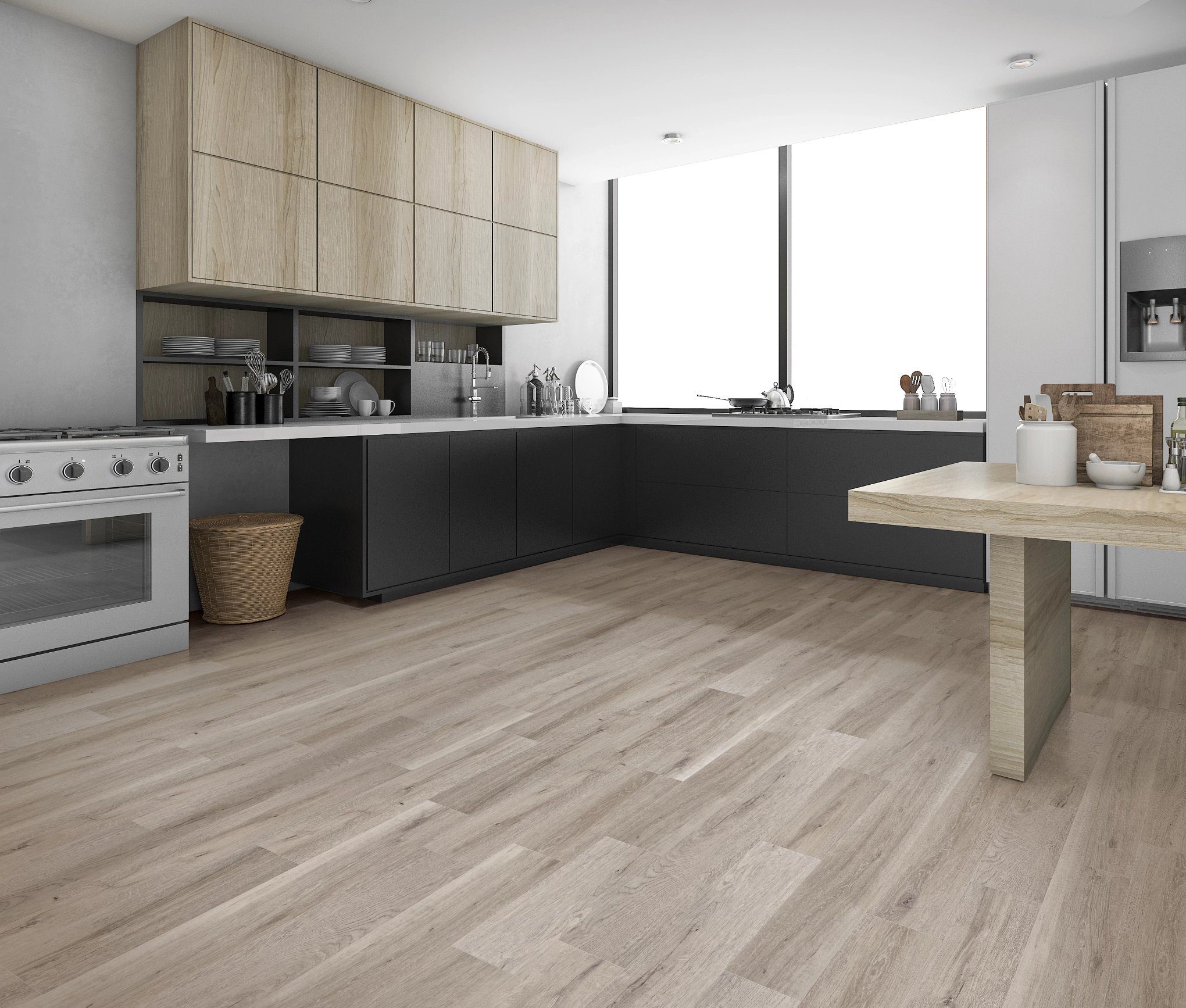 A kitchen with wooden floors and black cabinets.