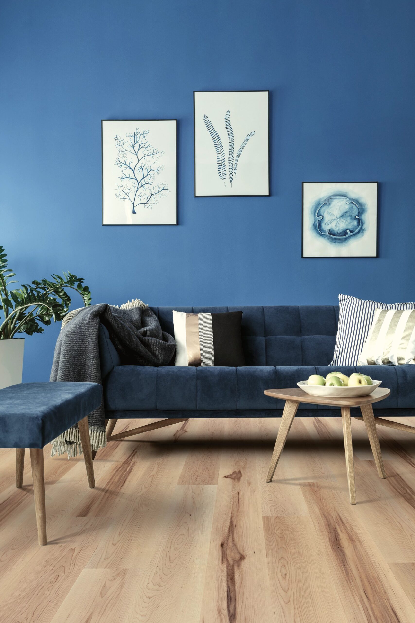 A blue living room with a couch and table