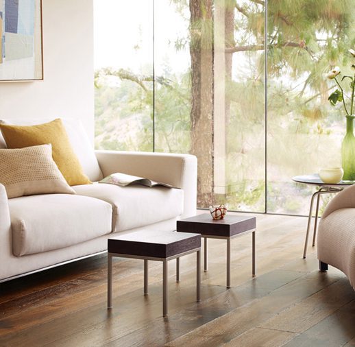 A living room with two couches and tables